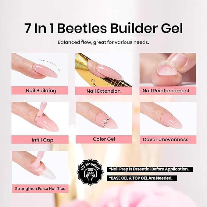 Beetles Builder Gel for Nails-Cover Nude Translucent 7 in 1 Nail Thickening Strengthening Building Apex for Beginner DIY Salon at Home,Natural Nude Builder Nail Gel, UV & LED Lamp Cured Needed