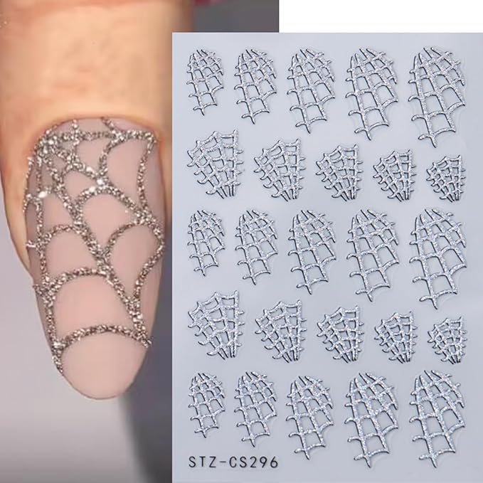 Spider Web Nail Art Stickers 3D Self-Adhesive Halloween Nail Decals 6PCS Glitter Sliver Spider Web Halloween Nails Design Manicure Supply Transfer Sliders for Women Holiday DIY Nail Art Decorations