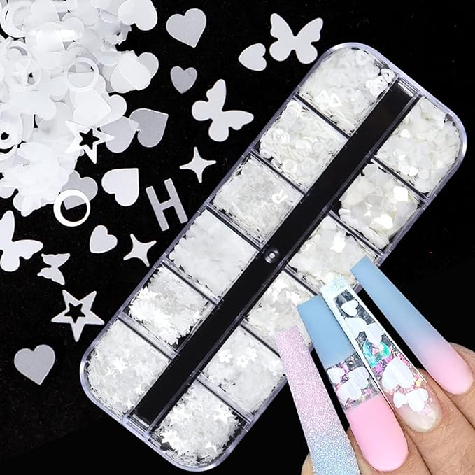Holographic Glitter Nail Art Sequins - White Flakes Decorations With Love Heart Letters, Butterfly, Flowers, Stars, Circle Design Supplies for Women Girls Manicure DIY Resin Tips
