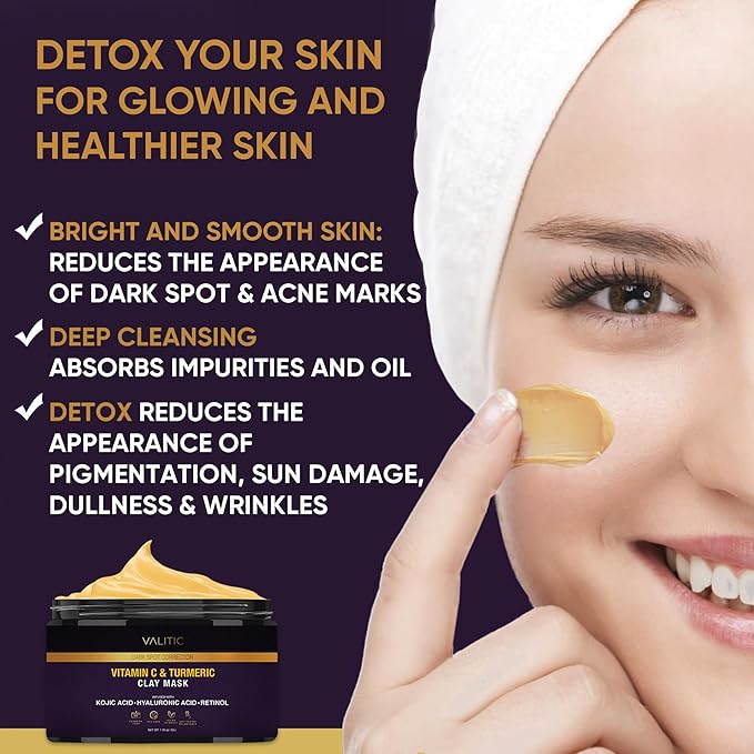 VALITIC Vitamin C & Turmeric Clay Mask - Dark Spot Corrector with Kojic Acid, Hyaluronic Acid & Retinol - Skin Care Routine for Minimizing Pores & Blackheads - with Applicator Brush - 50g