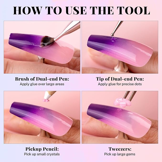 3D Flowers, Manicure Kit with Gel Glue, Colorful Acrylic Flower Nail Charms with Caviar Beads, Rhinestones + Gem Glue for Nails (UV/LED Needed) with Dotting & Pickup Tools