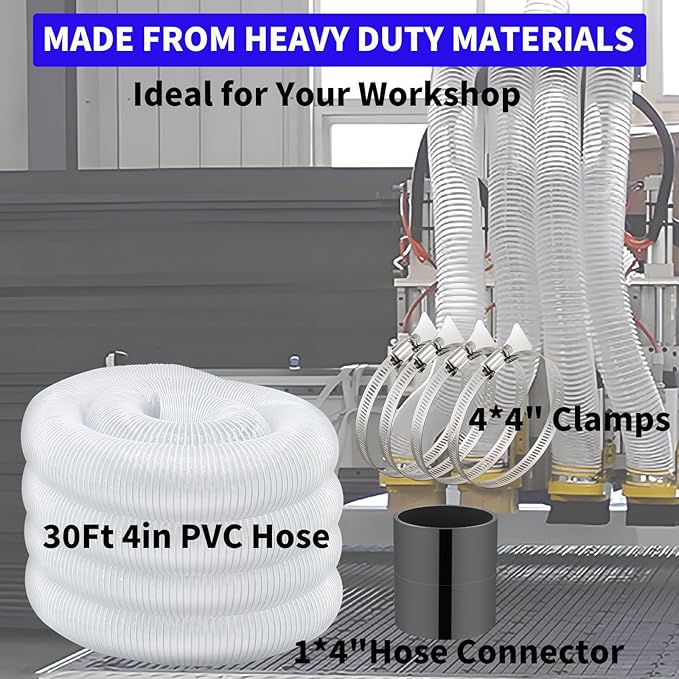 JUYO VONSAN 4 inch Dust Collection Hose 4” Flex Heavy Duty Clear PVC Debris Collector Hose With Connector and Clamps (4'' X 30ft)