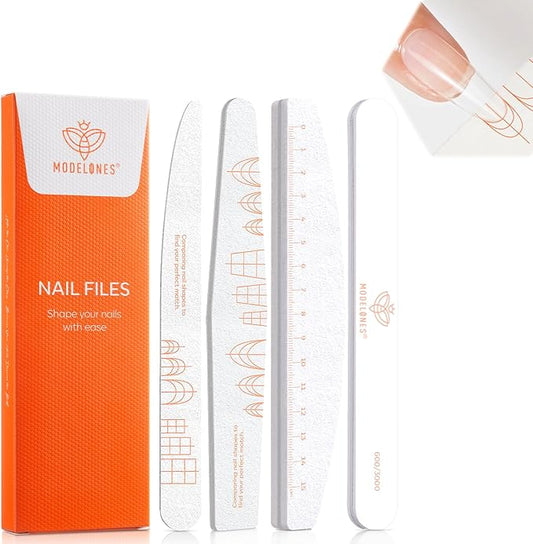 Modelones Nail Files and Nail Buffers Blocks 4 PCS, Double Side Trimed & Shaped Emery Board 100/150/180 Grits 600/3000 Nail Shine Polishing Stick, Reusable Washable Anti-bend Anti-drop Particles White