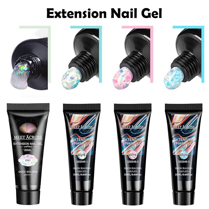 MEET ACROSS Poly Nail Gel 10Pcs Nail Extension Gel Set and Nail Extension Starter Kit for Beginners Nail Art DIY Home Gifts for Women (Candy Glitter, 12pcs)