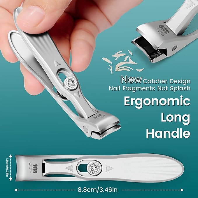 YTD Likomey Angled Head Wide Jaw Opening Nail Clippers,Long Handled Toenail Clippers for Thick Nails,Ultra-Sharp Fingernail Clipper with Catcher,Nail Cutter with Nano Glass Nail File Set for Seniors