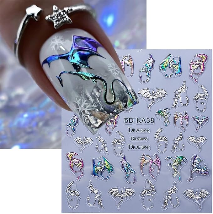 2 Sheets Halloween Dragon Nail Stickers 5D Embossed Laser Gold Silver Nail Art Sticker Horror Bat Dragon Self-Adhesive Design Gothic Nail Decals Nail Supplies for Women Acrylic Manicure Decorations