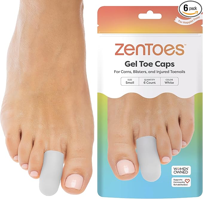 ZenToes 6 Pack Gel Toe Cap and Protector - Cushions and Protects to Provide Relief from Missing or Ingrown Toenails, Corns, Blisters, Hammer Toes (Small, White)