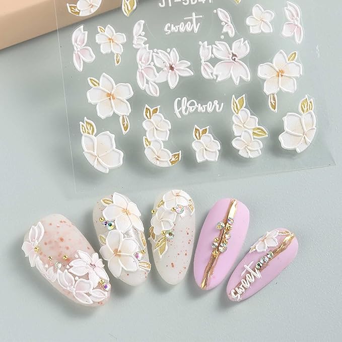 JMEOWIO 3D Embossed Spring Flower Nail Art Stickers Decals Self-Adhesive Pegatinas Uñas 5D Colorful Summer Floral Nail Supplies Nail Art Design Decoration Accessories 4 Sheets