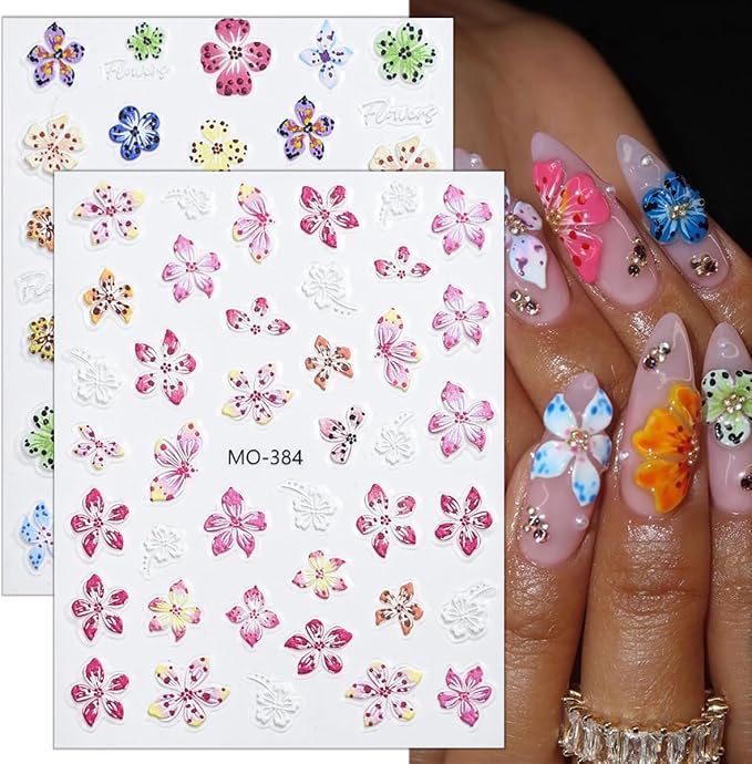 3 Sheets Embossed Flower Nail Stickers for Art - Colorful Floral 5D Self-Adhesive Autumn Flowers Decoration Supplies - Leopard Designs Decals for Women Girls