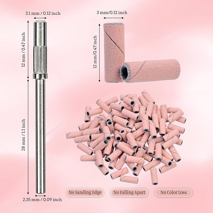 100 Pcs Nail Drill Bits Sanding Bands for Nail Drill, Nail Tips for Drill Bits Nail Tech,240 Fine Grit Nail File Sanding Bands for Acrylic Nails Gel Manicures and Pedicure, Pink