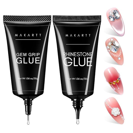 Makartt Nail Rhinestone Glue Gel Set: 60g 3D Super Strong No Wipe Nail Glue for Charms Gems Crystals Beads Decorations DIY Beginners & Salon UV Lamp Needed (2PCS Low & Medium Viscosity)