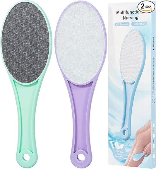 Nano Glass Foot File Callus Remover, 2 Pack Hard and Dead Skin Remover for Feet, Double Sided Foot Scrubber Pedicure Tool, Hair Eraser for Softer and Smoother Feet Hands, Green & Purple