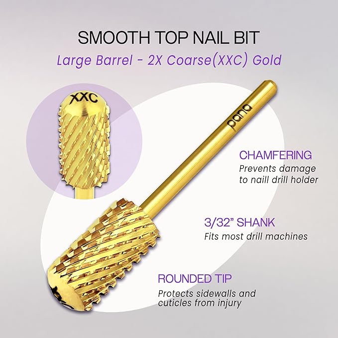 PANA 3/32" Large Smooth Round Top Safety Carbide Nail Drill Bit for Gel Polish & Acrylic Removal Nail Salon Manicure Pedicure Electric File Tools (Large Barrel - Gold, 2X Coarse)