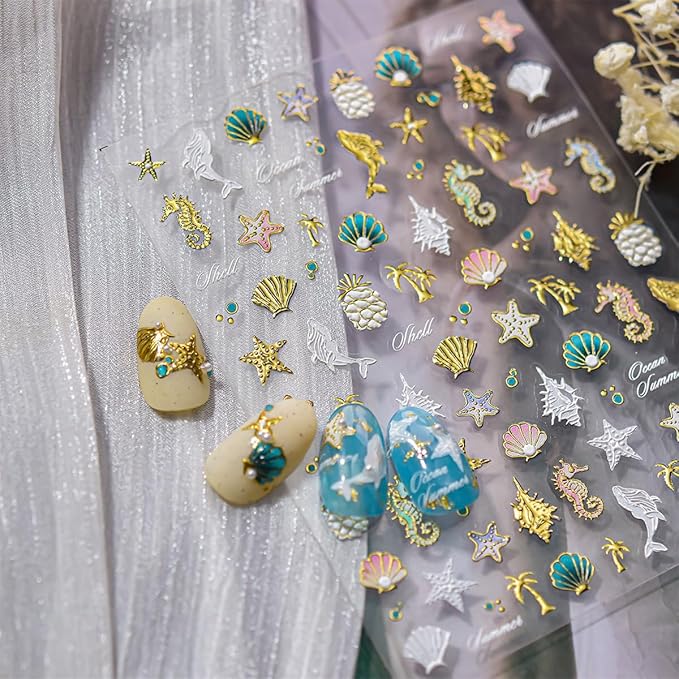 5D Embossed Seashell Nail Art Sticker with Pearl Shell Design Summer Nail Stickers Ocean Starfish Dolphin Seahorse Nail Decals Gold Conch Coconut Tree Stickers for Women Nails Supplies Decor 1Pcs