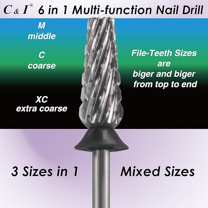 C & I Nail Drill Bit 6 in 1 Multi-Function Rounded End E File, Tungsten Steel CNC Overall Cutting, Manicure Tool for Nail Tech Quick Remove Nail Gels, Acrylic Nails (Original, Extra Coarse -XC)