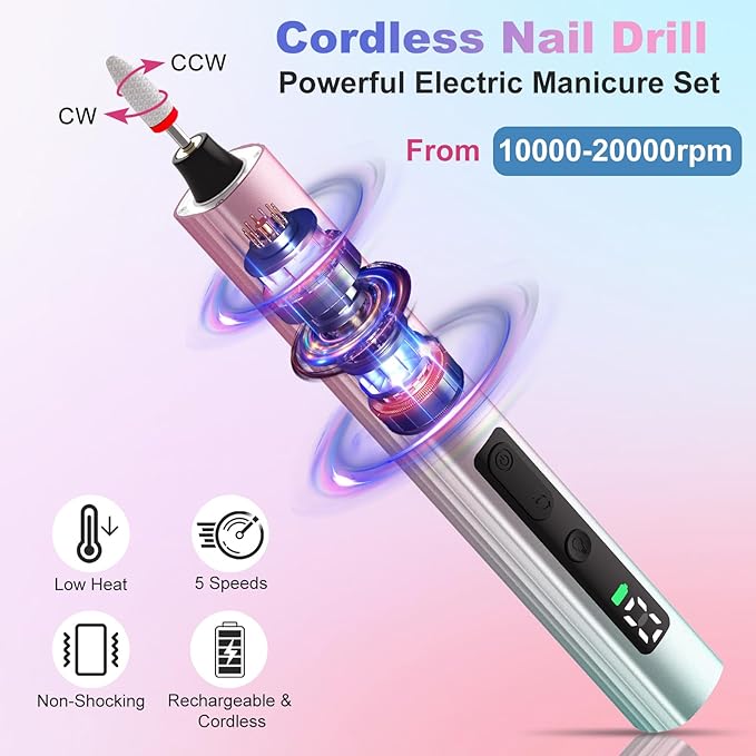 Cordless Electric Nail Drill with UV Light Lamp, 14 in 1 Electric Nail File Drill, 5 Speed LCD Display Rechargeable Professional Manicure Pedicure Kit(Gold) (Pink Blue)