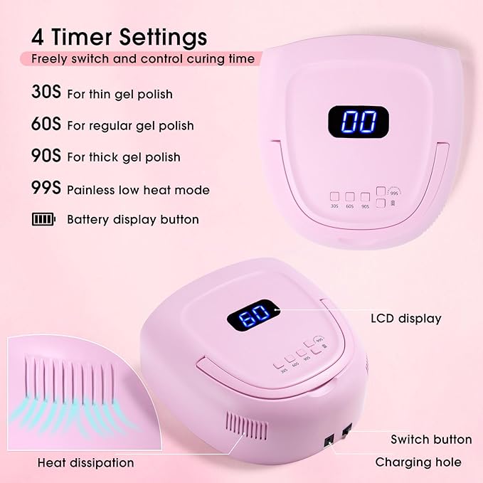 60W Rechargeable LED Nail Lamp, Cordless Gel Lamp with Portable Handle & 42pcs Lamp Beads, Automatic Sensor UV LED Nail Dryer, 4 Timers Professional UV Light for Gel Nails