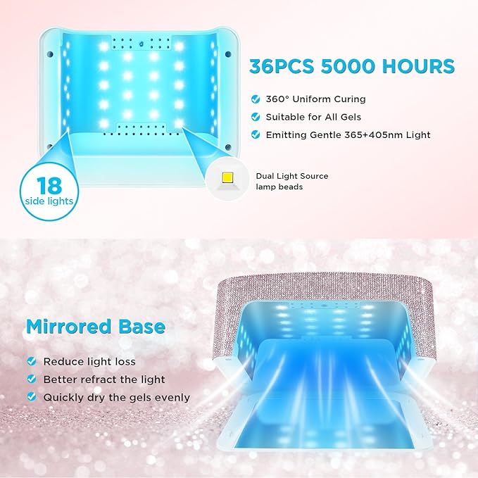 Aedavey Cordless UV Nail Lamp, Rechargeable UV Light for Gel Nails, LED Nail Lamp with 4 Timer Modes, Gel Nail UV Light Decorate with Sparkling Nail Rhinestones