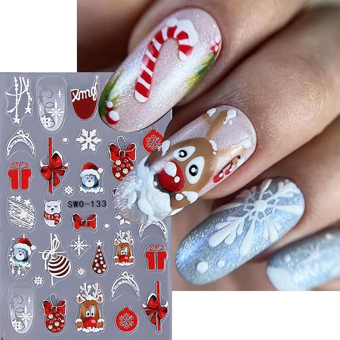 4pcs Christmas Light Strips Nail Art Stickers 5D Embossed Nail Decals Green Christmas Tree & Cute Gingerbread Man Design Xmas Nail Sticker DIY Santa Claus Snowflake Elk Snowman Manicure Decoration