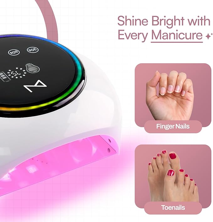 M - HaloLite LED Nail Curing Lamp 98W, 32 LEDs, Wireless Rechargeable with 5200mAh Battery, Fast UV/LED Gel Nail Dryer for Salon & Home Use, Long-Lasting, Portable, Cordless Design (Pink)