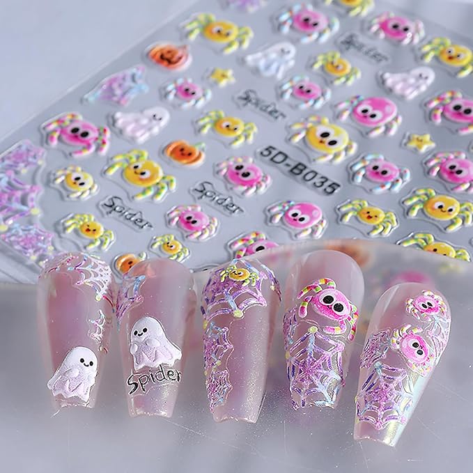 3 Sheets Halloween Nail Art Stickers Ghost Spider and Pumpkin Nail Stickers Cute Nail Decals for Nails Art 3D Self-Adhesive Nail Art Supplies for Women Girls