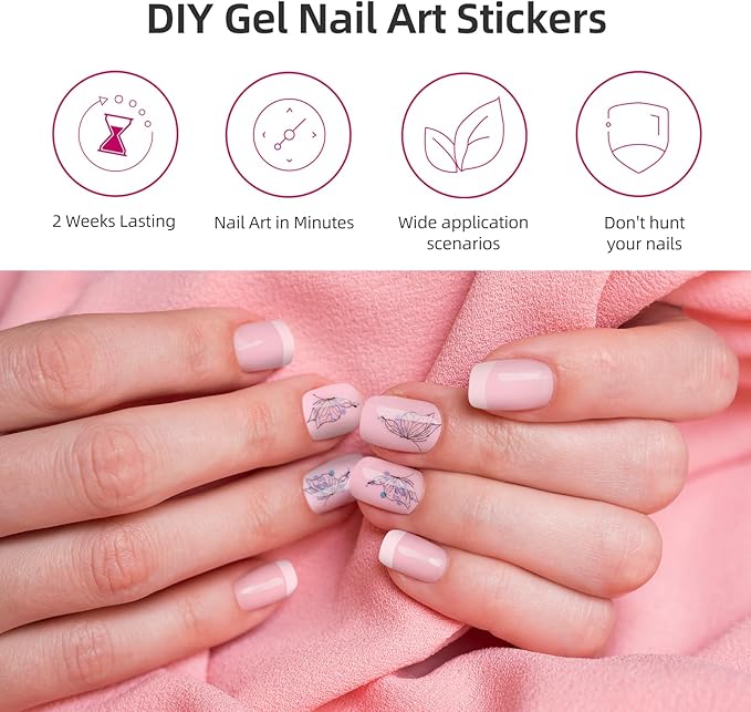 Semi Cured Gel Nail Strips | 28 pcs Gel Nails Strips for Women Work with Any UV Lamp, UV Nail Stickers for Women Home DIY Nails Art (French Butterfly)