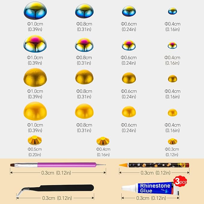 60g Gold Flat Back Pearls Rhinestones for Crafts Mixed Size 3mm-10mm AB Color Round Half Pearls Flatback Pearl Beads and Resin Rhinestones Set for Face Art with Glue