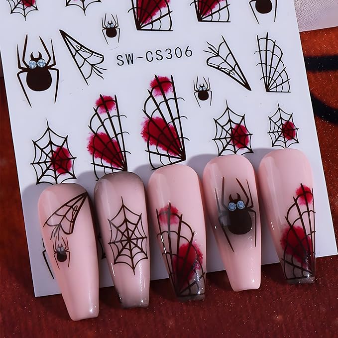 3 Sheets Halloween Nail Sticker for Nail Art 3D Self-Adhesive Spider Nail Stickers Red Black Nails Design Spider Web Nails Supplies Decoration Accessories for Women and Girls