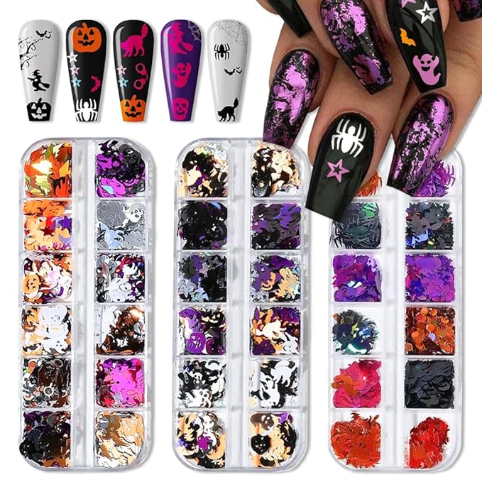 3 Boxes Halloween Nail Art Sequins 3D Holographic Pumpkin Face Spider Ghost Skull Halloween Nail Glitter Sequins Nail Art Supplies Decorations for Women 36 Styles