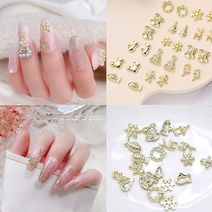 30Pcs Christmas Nail Charms and Gems 3D Metal Alloy Nail Rhinestone Jewelry Design Winter Christmas Tree Socks Snowflakes Elk Candy Gold Nail Art Charms for Women DIY Xmas Nails Decoration Supply