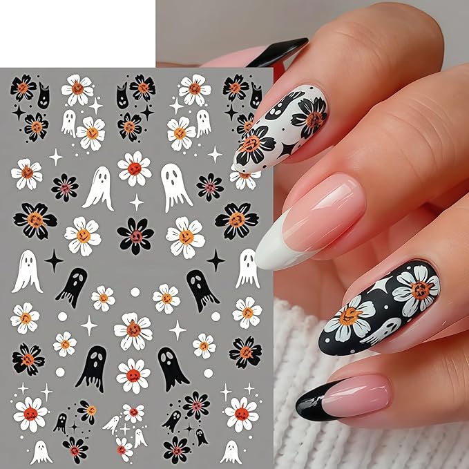 6 Sheets Halloween Nail Art Stickers Cute Pumpkin Flower Ghost Nail Decals 3D Self-Adhesive Hibiscus Ghost Nail Design Nail Supplies White Ghost Pumpkin Nail Decorations for Women DIY Holiday Manicure