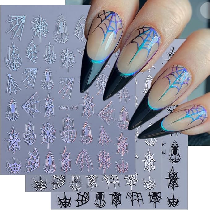 5 Sheets Halloween Nail Art Stickers Decals 3D Self-Adhesive Spider Web Nail Decals Black White Gold Silver Laser Spider Web Nails Stickers Gothic Nails Supplies for Women Halloween Party Nails Decor