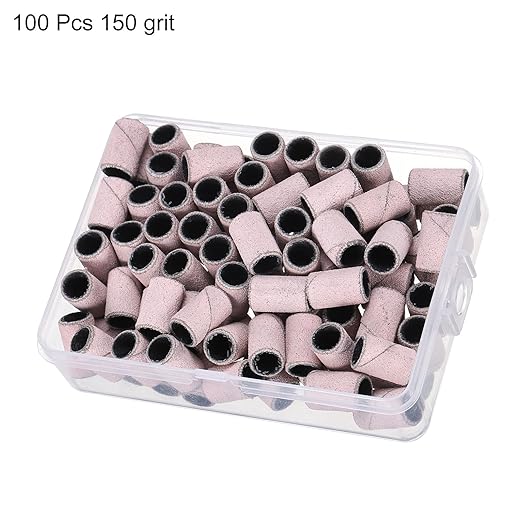 HARFINGTON 100pcs Small Sanding Bands 150 Grit for Nail Drill Bits Mini Sanding Band for Nails Gel Manicures Light Pink