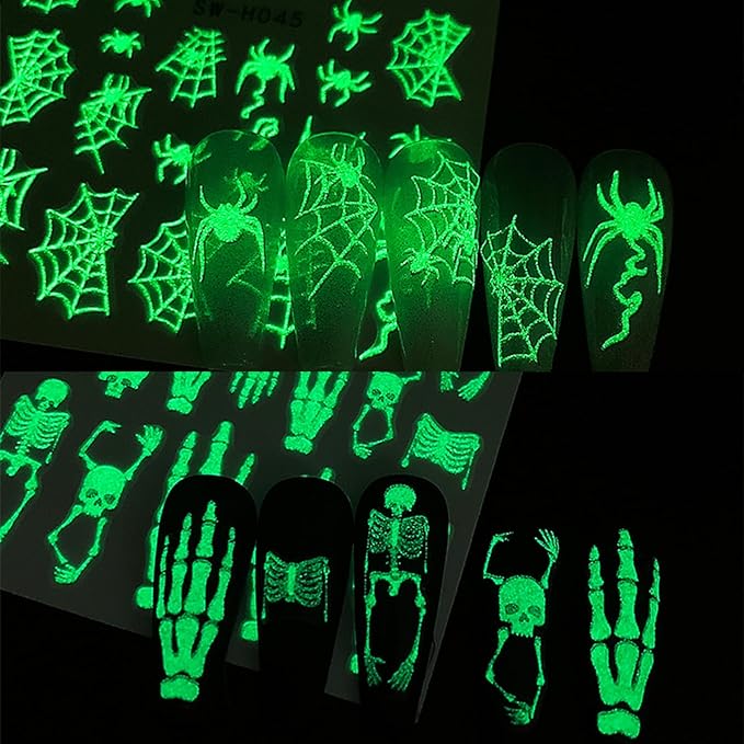 Halloween Luminous Ghost Nail Sticker Luminous Sticker 3D self-Adhesive Horror Skull Spider Web Spider Pattern Design Ladies Girl DIY Halloween Nail Decoration 4 Pictures