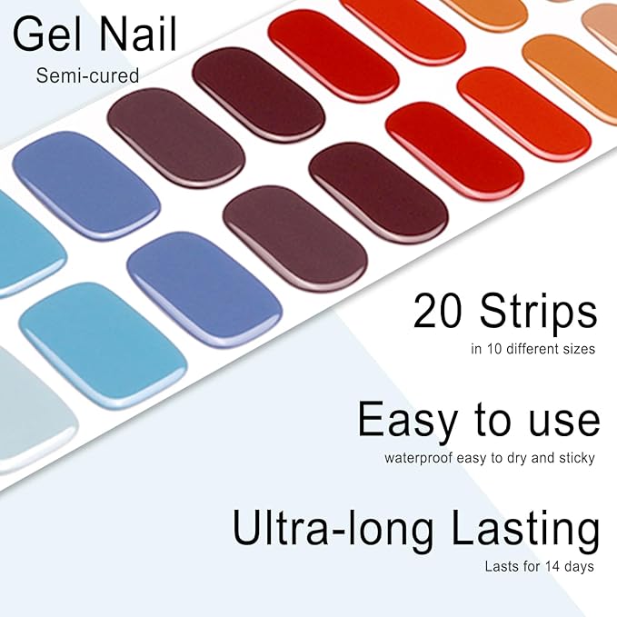 Semi Cured Gel Nail Strips, 20pcs Real Nail Polish Art Stickers, Colorful Gel Nail Stickers - Work with Any UV Lamp, Long Lasting Full Wraps with Nails File and Stick