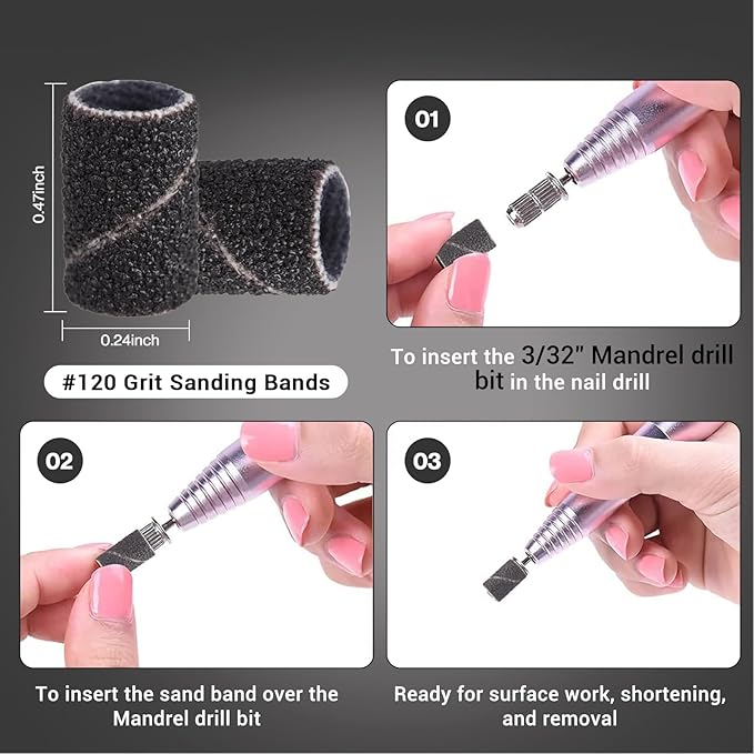 MelodySusie 100 Pcs Nail Drill Bits Sanding Bands for Nail Drill 120 Medium Grit Nail File Sanding Bands for Acrylic Nails Gel Manicures and Pedicure