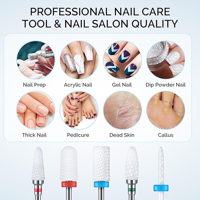 MelodySusie Ceramic Nail Drill Bits Set, 3/32'' (2.35mm) Professional Acrylic Nail File Drill Bit for Manicure Pedicure Cuticle Gel Nail Polishing 5Pcs
