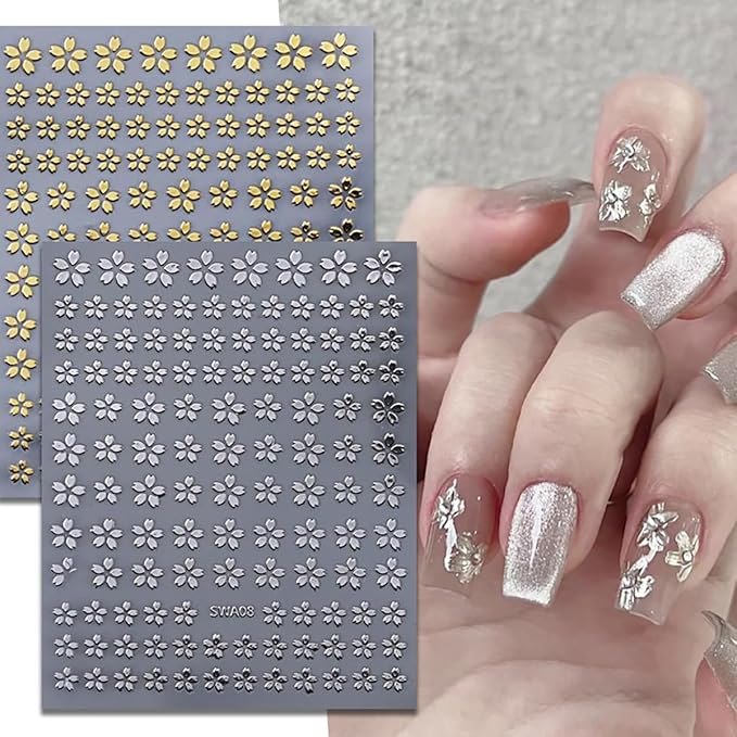 Flower Nail Art Stickers Decals 3D Self-Adhesive Laser Gold Sliver Cherry Bblossoms Flowers Nail Design Sticker Floral Spring Nail Art Supplies for Women and Girls Acrylic Nail Decoration 6 Sheets