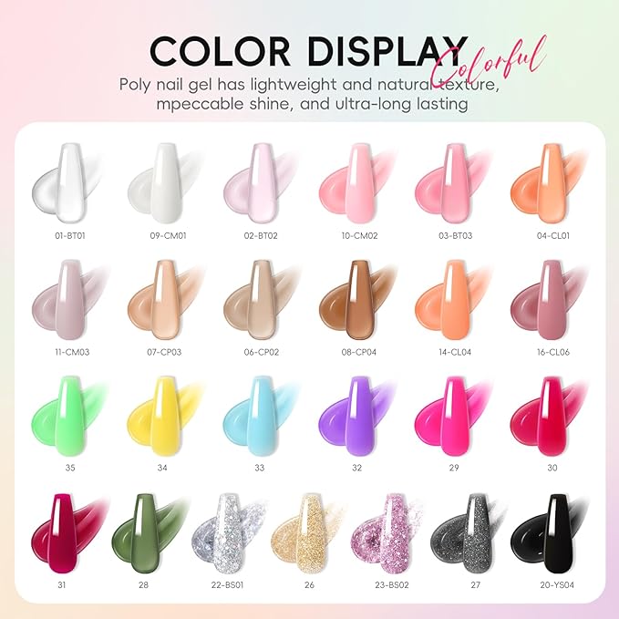 PEACECOLOR Poly Nail Gel Kit, 25 Colors Nail Extension Gel Starter Kit with Slip Solution and U V Light DIY Tools for Beginners with Everything