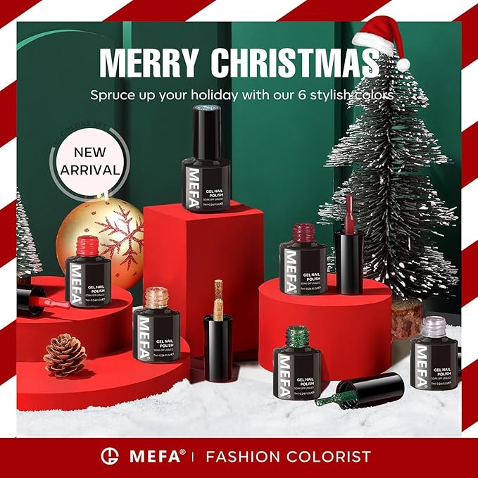 MEFA Christmas Gel Nail Polish Set, 6 Colors Burgundy Red Dark Green Glitter Gel Polish Silver Gold Sparkle Nail Polish Manicure Soak Off Salon Gifts for Women Girl