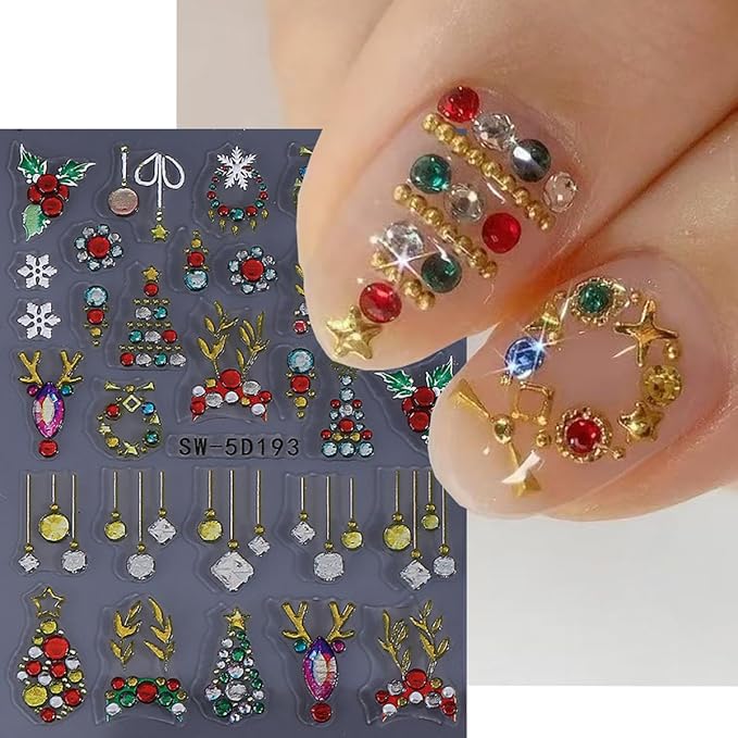 5D Embossed Christmas Nail Stickers for Nail Art - Gold Glitter Nail Art Stickers Xmas Tree Elk Deer Nail Decals Cartoon Nail Supplies for Women DIY Christmas Decorations 2 Sheets