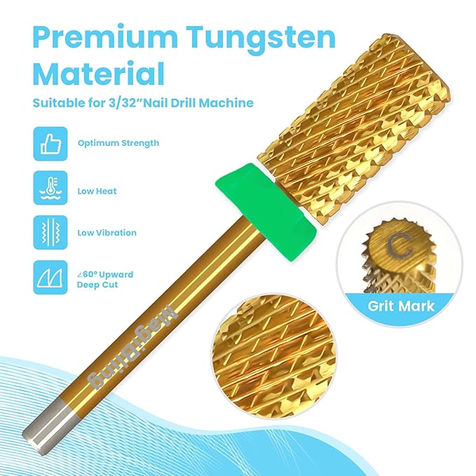 Super Cut Large Barrel Nail Drill Bits, 3/32'' Professional Tungsten Carbide Bits, Remove Hard and Soft Gel Fast, Right Hand Use, Manicure Pedicure Cuticle Gel Polishing, Gold Color, Coarse.