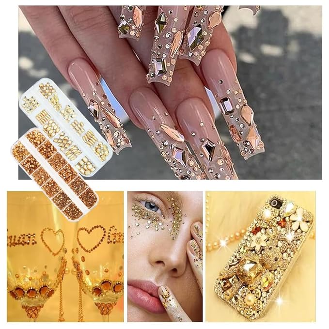 3600Pcs Champagne Gold Nail Rhinestones, MultiShapes Flatback Crystal Gems Stones, 1.5-4mm Half-Round Bedazzling Beads, Glass Diamond Jewels for DIY Nails Bling Decoration