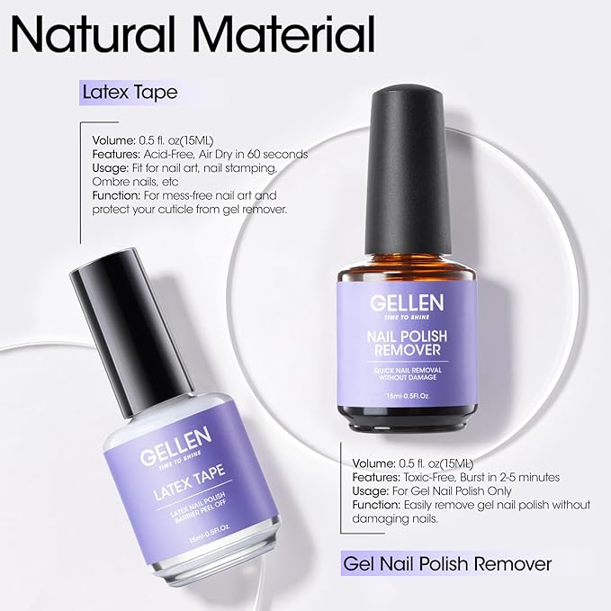 Gellen Gel Polish Remover Kit - Gel Nail Polish Remover with Latex Tape Peel Off Liquid and Manicure Tools, Quick & Easy Gel Polish Remover in 2-5 minutes, No Damage to Nails