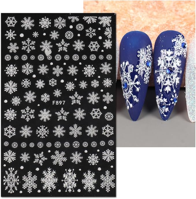 JMEOWIO 8 Sheets Christmas White Glitter Nail Art Stickers Decals Self-Adhesive Snowflake Winter Holiday Nail Supplies Nail Art Design Decoration Accessories