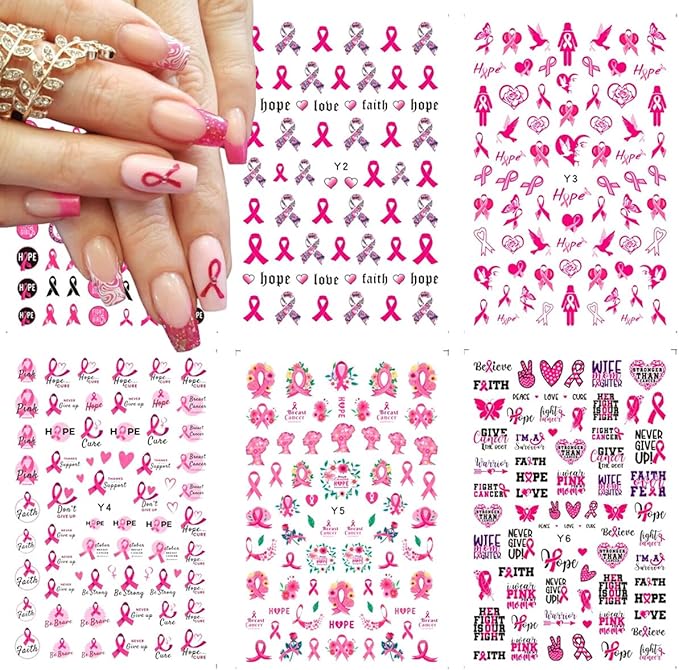 6Sheets Breast Cancer Awareness Nail Stickers - Self-Adhesive Pink Ribbon Decals for Women - DIY Nail Art Design Supplies with 'Love Heart' & 'Letter' Themes