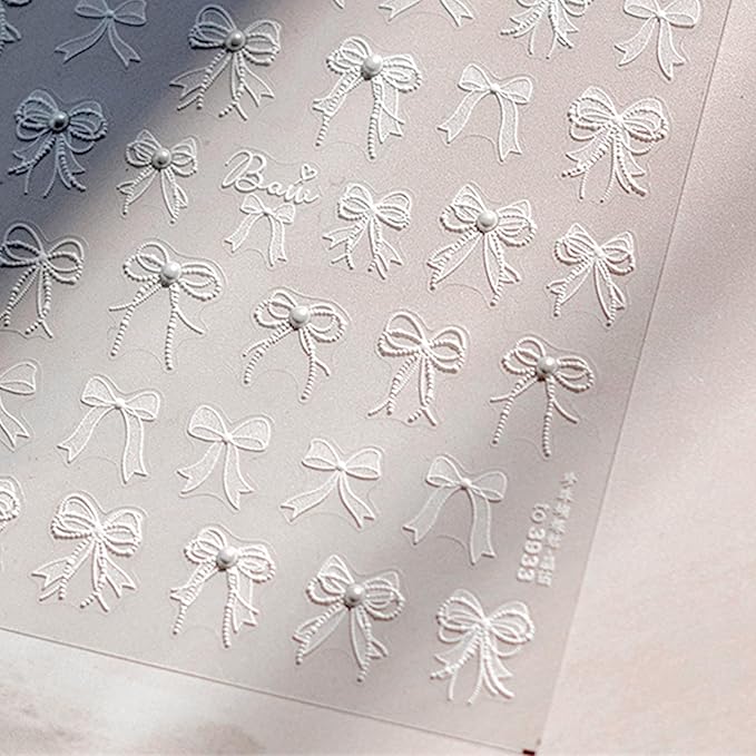 1 Sheets 5D Embossed White Lace Bow Nail Art Stickers Decals Self-Adhesive White Bow Knot Design Nail Stickers Bow Pearl Nail Art Supplies Cute Bow Nail Decals for Women Girl Manicure Decoration