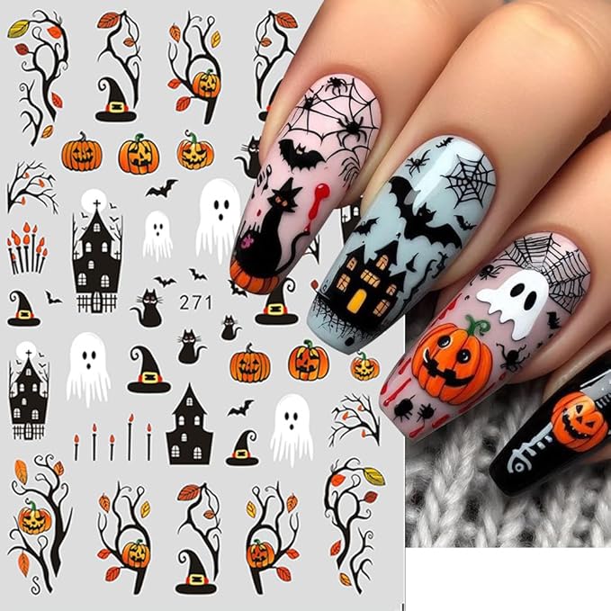 Halloween Nail Stickers Pumpkin Ghost Nail Art Stickers DIY Self Adhesive Nail Decals Cat Bat Mushroom Ghost Design Sticker Nail Decoration Supplies Holiday Manicure Accessories for Women Girls 6Pcs