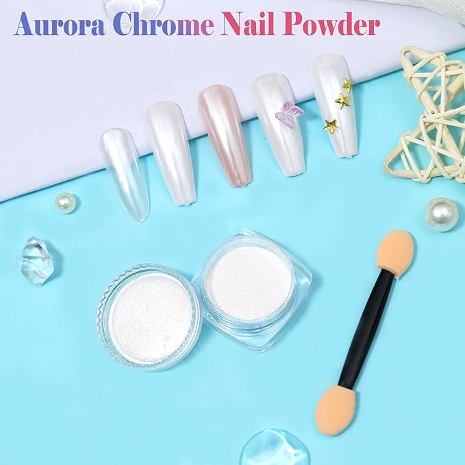 SIUSIO White Pearl Chrome Nail Powder,Iridescent Aurora Powder Metallic Mirror Effect Pigment Pearlescent Mermaid Pigment Pearl Glitter Dust Kit, Nail Art Decoration, Resin Craft