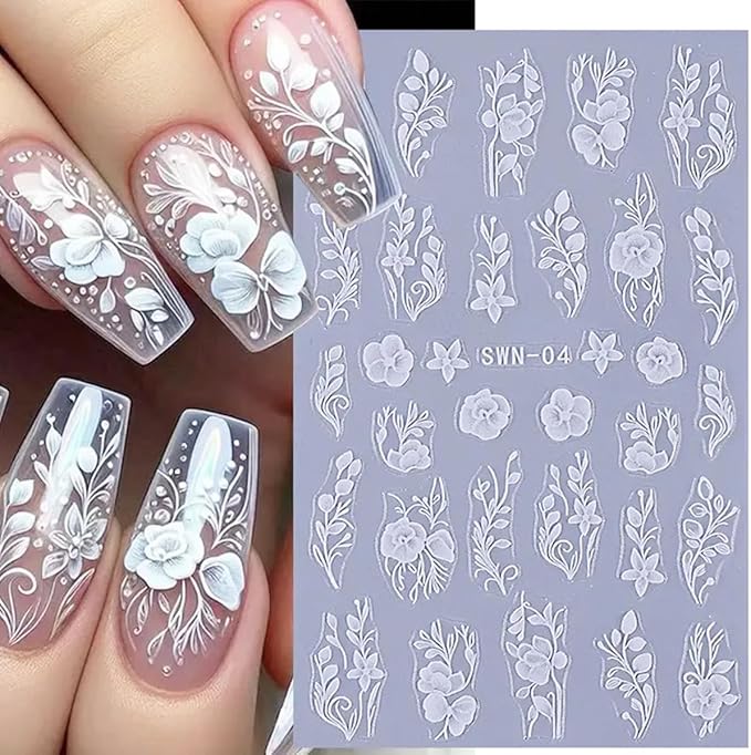 Flower Nail Art Stickers Decals 5D Embossed White Flowers Nail Decals 4PCS Floral Leaf Nails Design Adhesive Flower Stickers for Nails Manicure Accessories for Women Summer Fall Nail Art Decorations